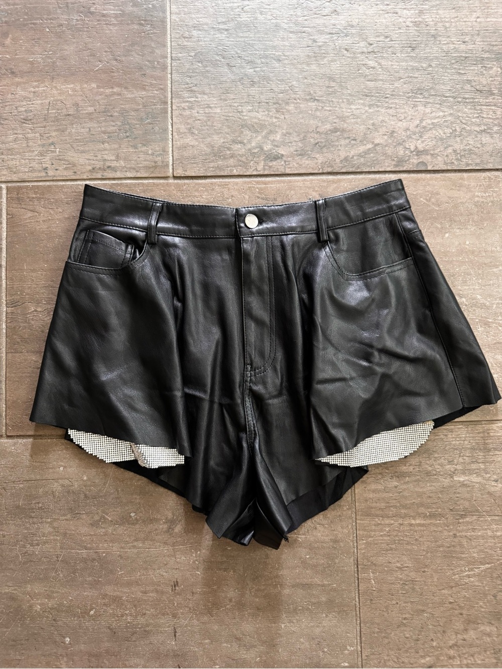 Hot & Delicious Black Faux Leather High-Waist Shorts with Rhinestone Hem, Sz L
